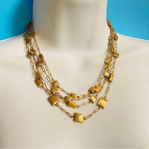 Gold Tone Multi-Strand Chain Hammered Statement Necklace - Picture 2 of 8